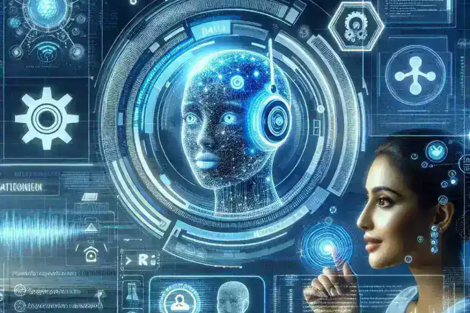 "AI personal assistant technology advancements with a futuristic interface showcasing voice recognition and smart home integration."