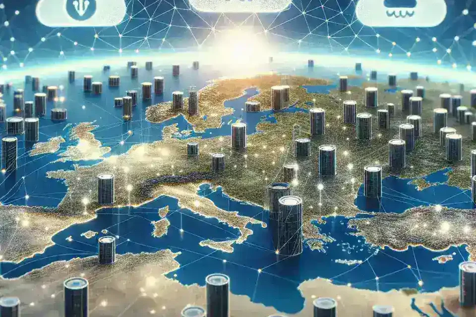 "Data center infrastructure in Europe showcasing advanced technology and cloud computing capabilities, illustrating the region's rapid expansion and investment in 2025 amid the rise of AI and top-tier data management solutions."
