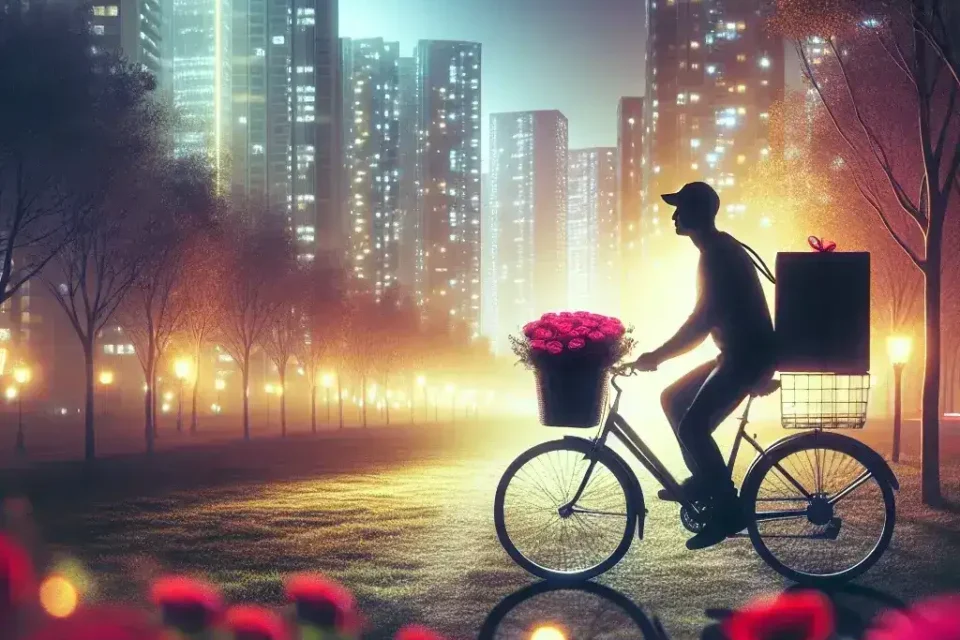 "Couple enjoying a romantic dinner, with flowers and chocolates delivered by a quick commerce platform, showcasing last-minute Valentine's Day solutions."